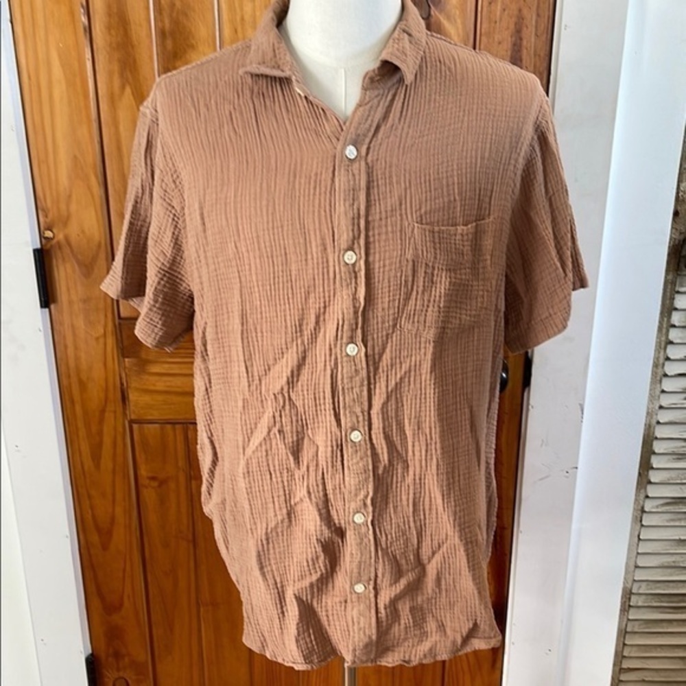 Pacsun Men's Brown Tan Casual short sleeve button down Shirt Cotton Gauze Large